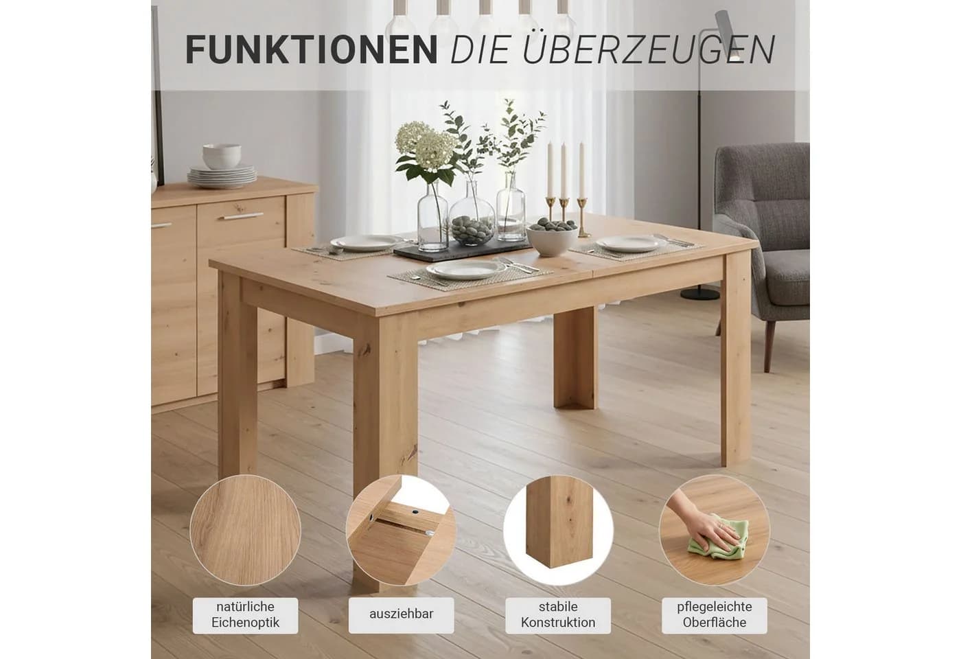 Homestyle4u Esstisch ausziehbar 80x120 auf 160 Holz modern Braun Artisan Eiche Optik - Bild 4