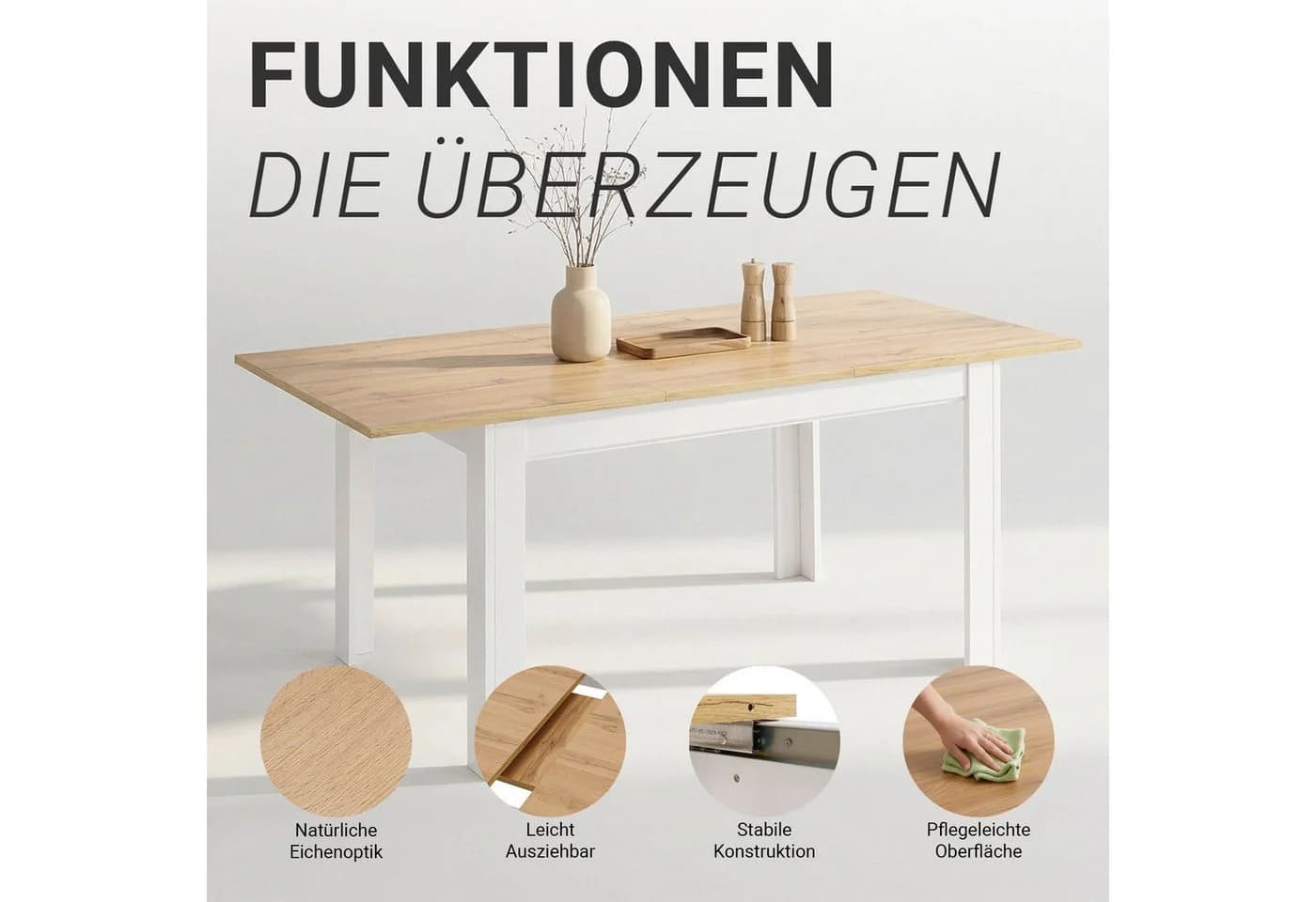Homestyle4u Ausziehbarer Esstisch Weiß Eiche Optik - Bild 5