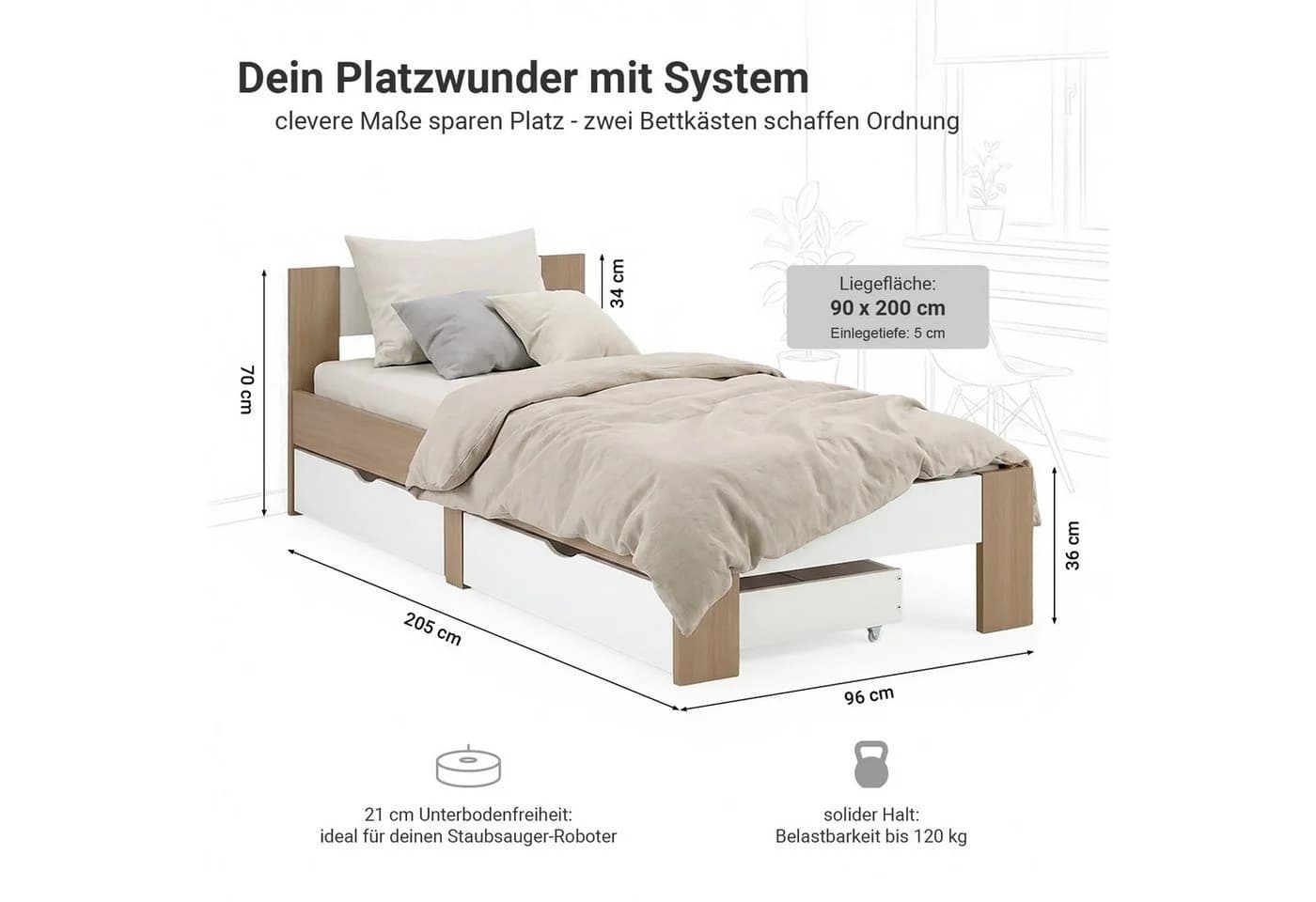Homestyle4u Massivholzbett 90x200 mit Bettkasten Eiche Weiß