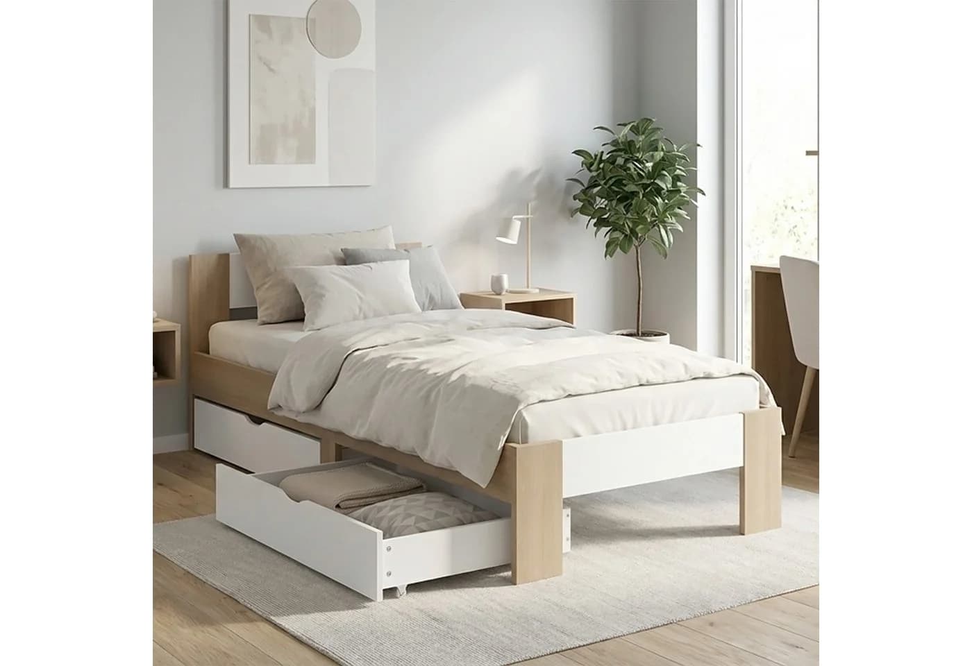 Homestyle4u Massivholzbett 90x200 mit Bettkasten Eiche Weiß - Bild 2