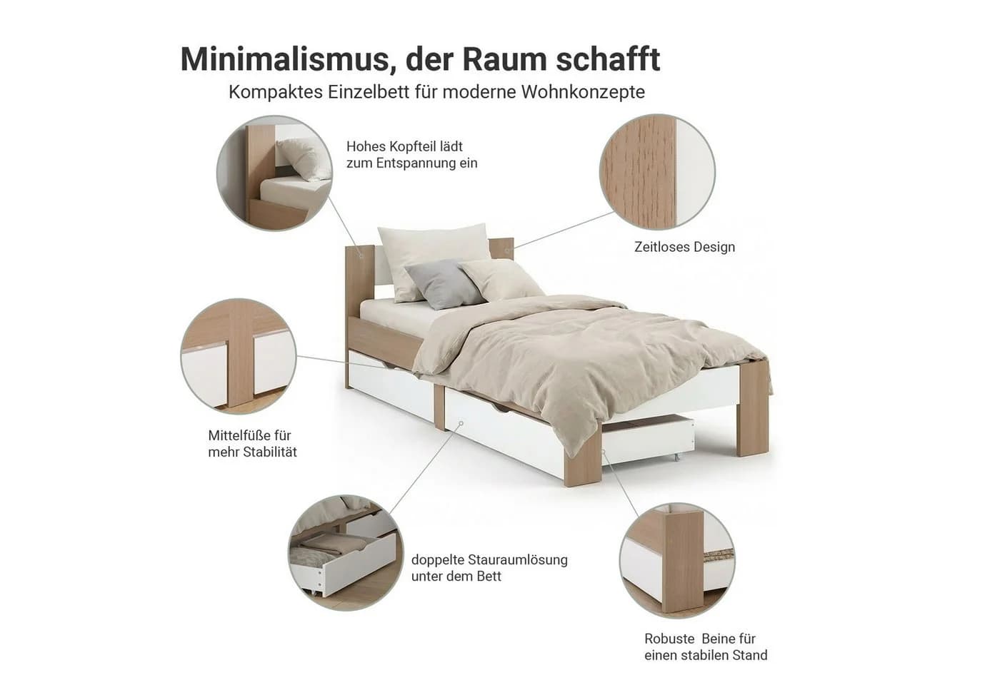 Homestyle4u Massivholzbett 90x200 mit Bettkasten Eiche Weiß - Bild 3