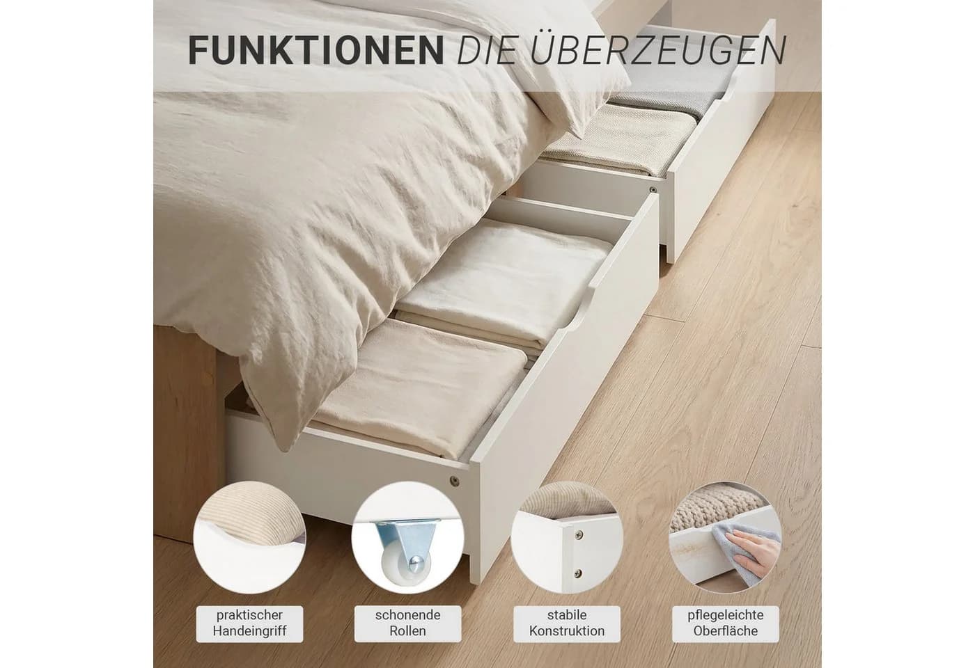 Homestyle4u Massivholzbett 90x200 mit Bettkasten Eiche Weiß - Bild 4