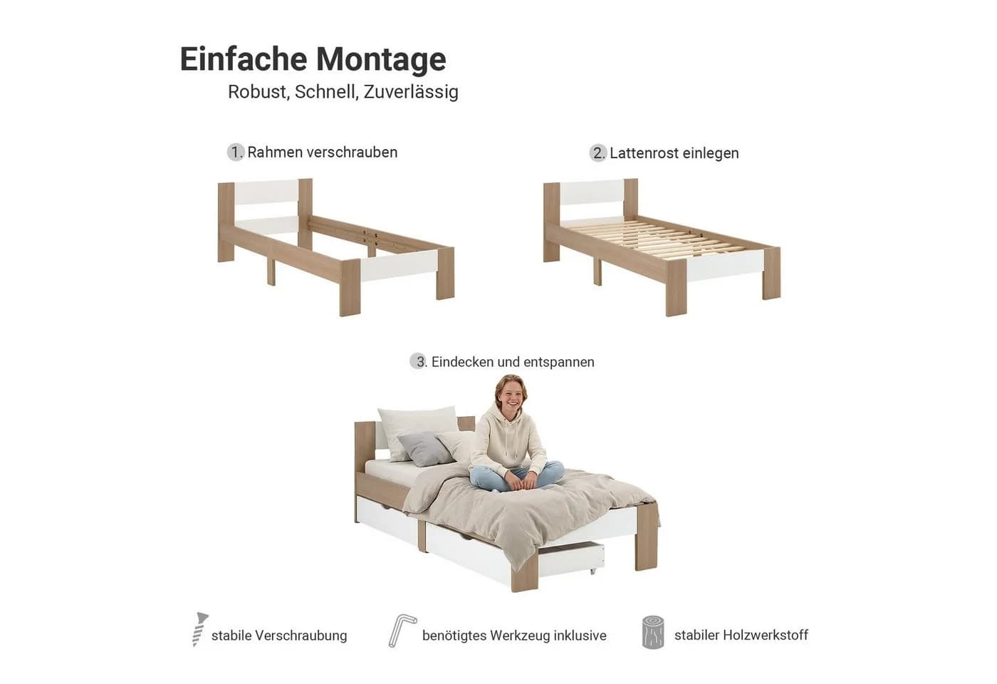 Homestyle4u Massivholzbett 90x200 mit Bettkasten Eiche Weiß - Bild 5