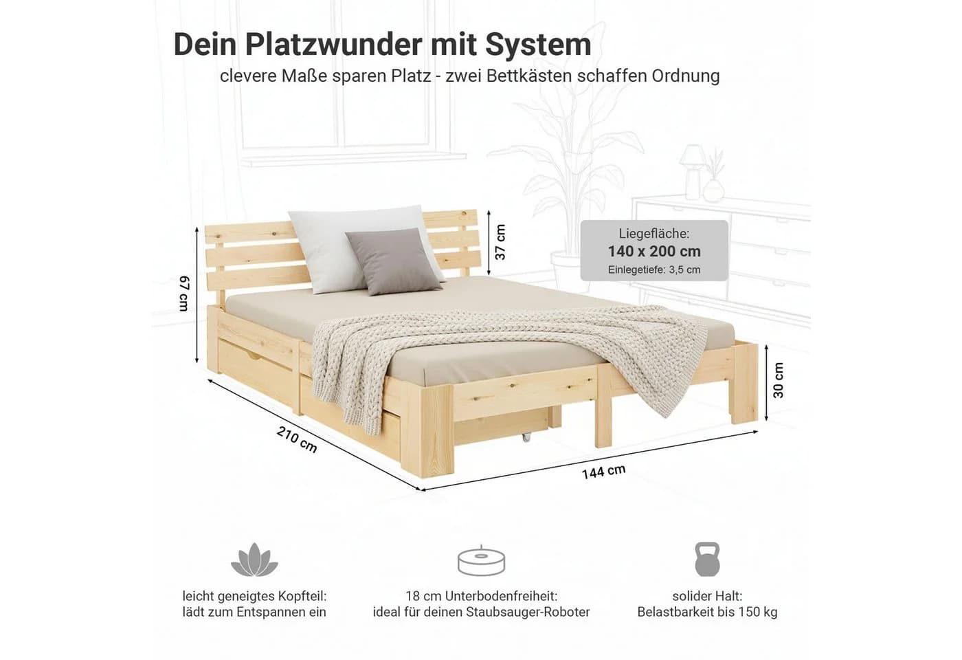 Homestyle4u Massivholzbett mit Bettkasten und Matratze H3 Natur