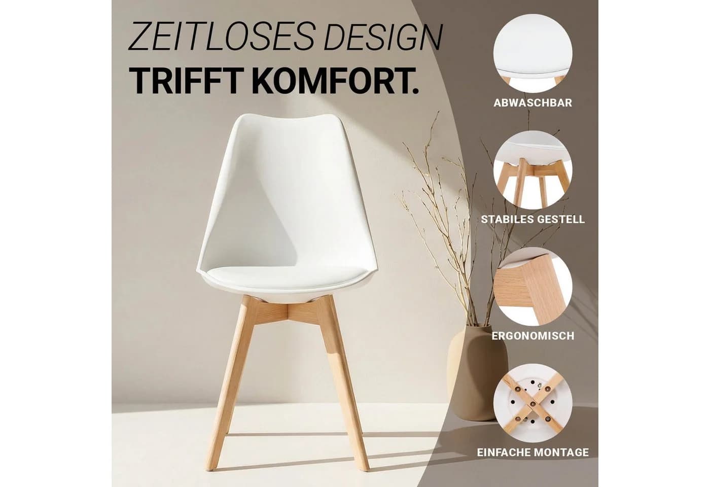 Homestyle4u Küchenstuhl 2er Set Weiß Buchenholz Skandinavisch - Bild 4