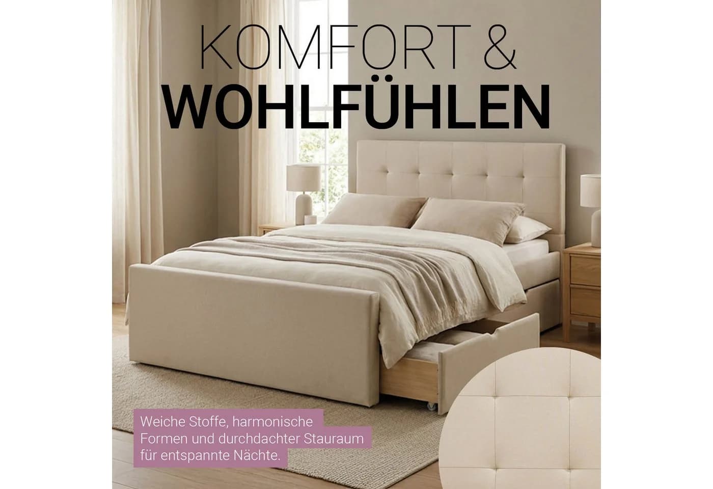 Homestyle4u Polsterbett 140x200 mit Stauraum und Lattenrost