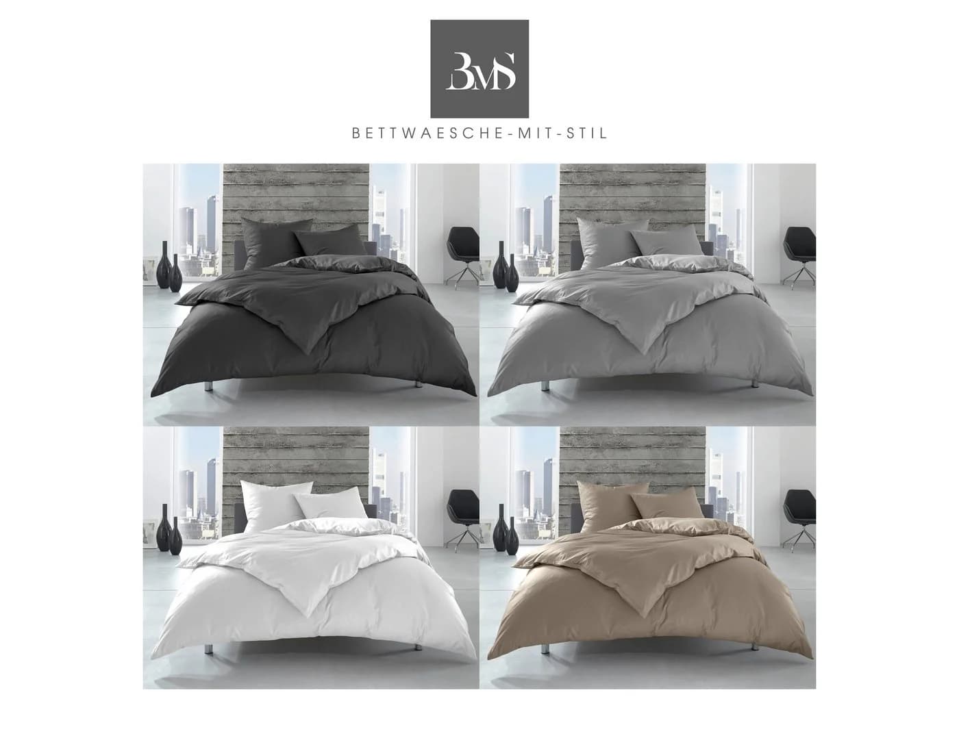 BETTWAESCHE-MIT-STIL Bettwäsche Linon Grau 3-teilig Hotelqualität