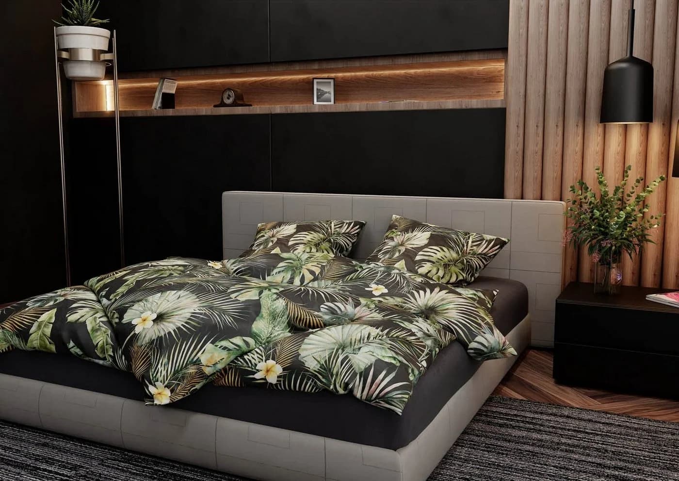 BETTWAESCHE-MIT-STIL Bettwäsche Mako Satin Blätter und Palmen Anthrazit - Bild 2
