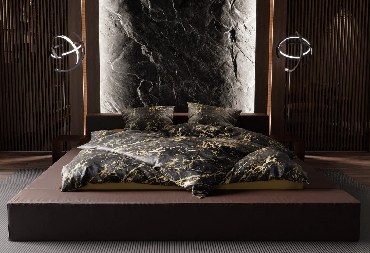 BETTWAESCHE-MIT-STIL Bettwäsche Mako Satin Marmor Schwarz/Gold