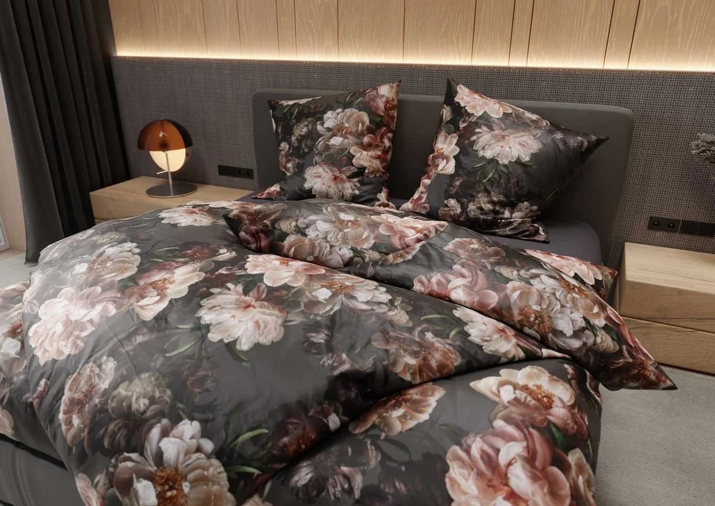 BETTWAESCHE-MIT-STIL Bettwäsche Mako Satin Pfingstrosen Anthrazit/Rose