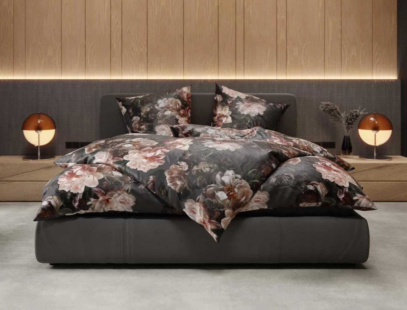 BETTWAESCHE-MIT-STIL Bettwäsche Mako Satin Pfingstrosen Anthrazit/Rose - Bild 2