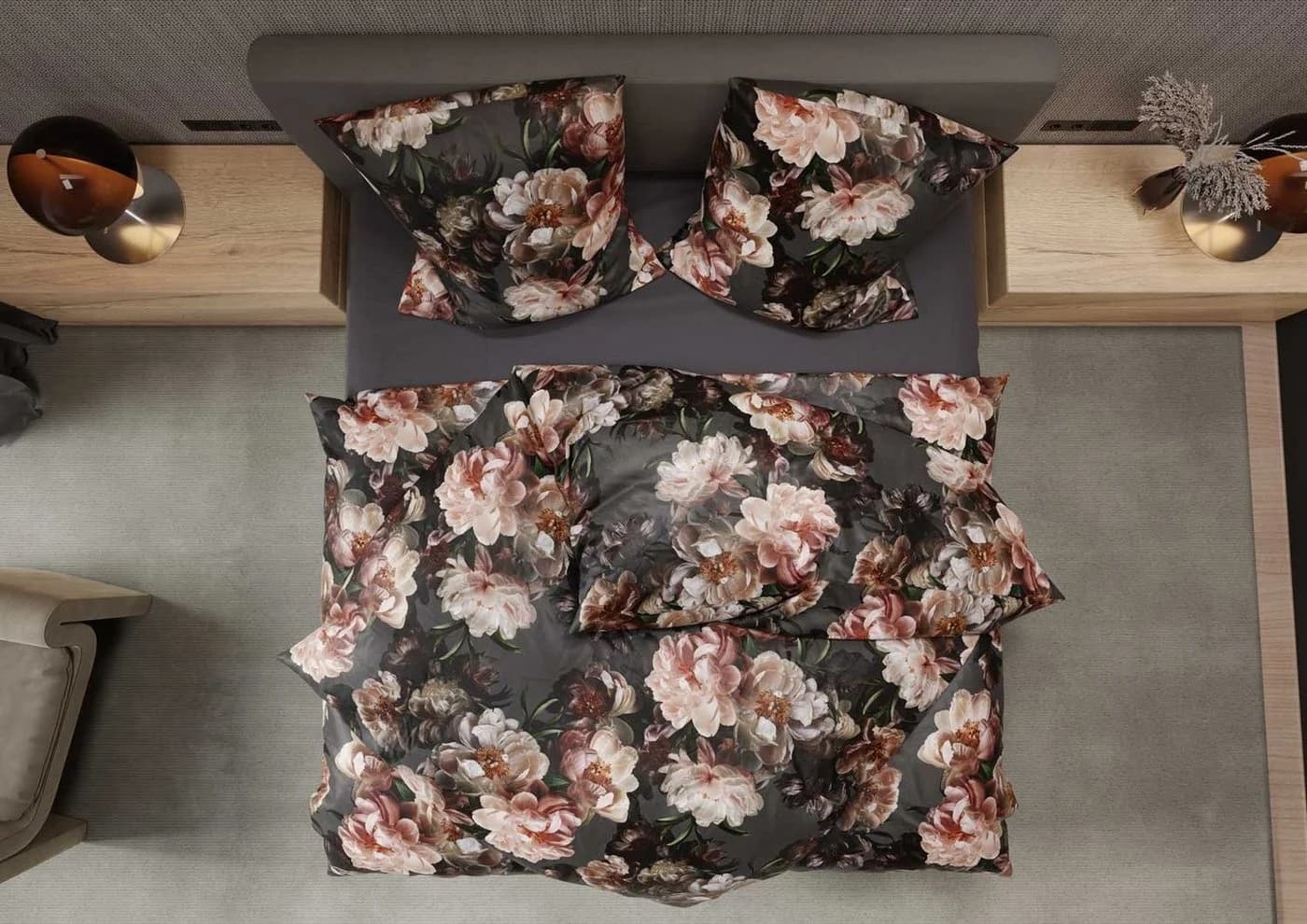 BETTWAESCHE-MIT-STIL Bettwäsche Mako Satin Pfingstrosen Anthrazit/Rose - Bild 4