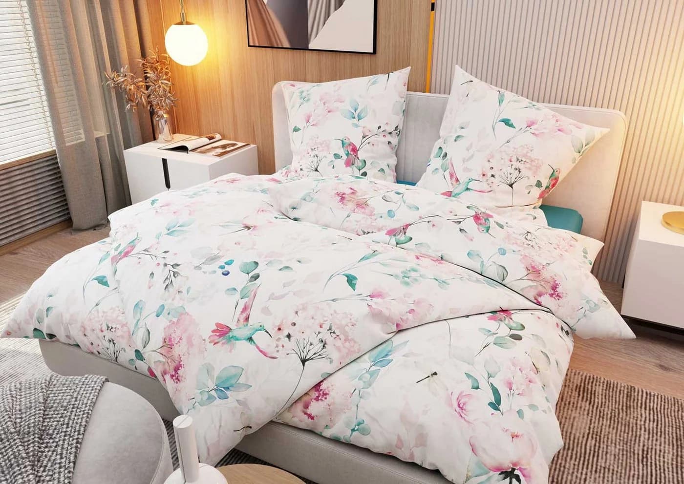 BETTWAESCHE-MIT-STIL Bettwäsche Mako Satin Kolibri Aquarell Petrol-Pink