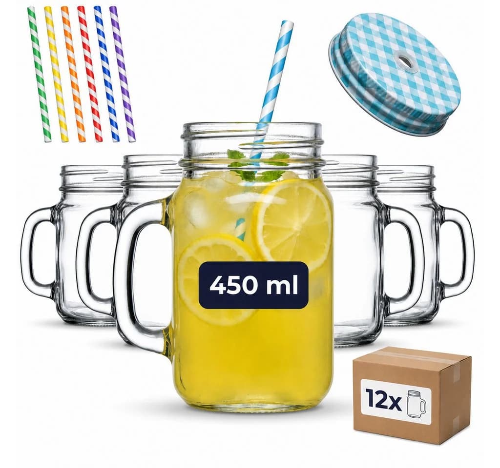 gouveo Gläser-Set 12-tlg. Trinkgläser 450 ml mit Schraubdeckel blau/silber - Bild 2