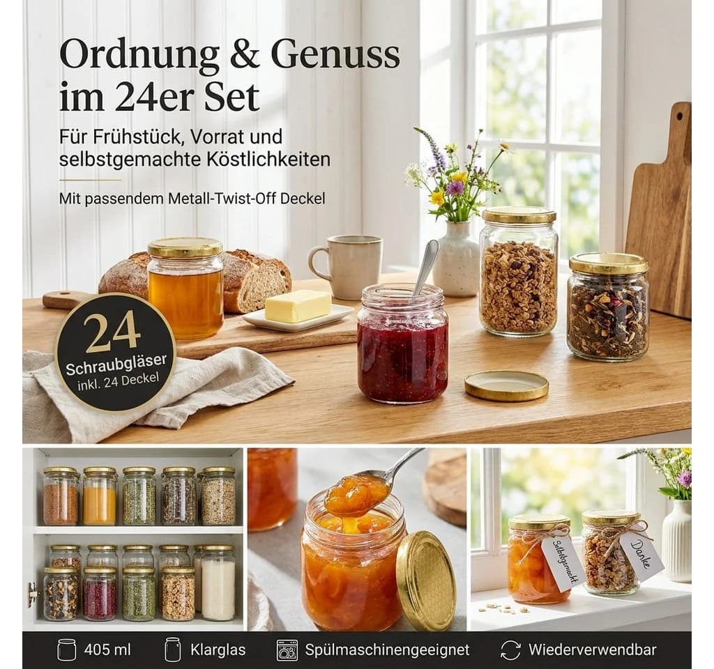 gouveo Vorratsglas 24-tlg. 405 ml mit Schraubdeckel & Bienenwabe-Motiv