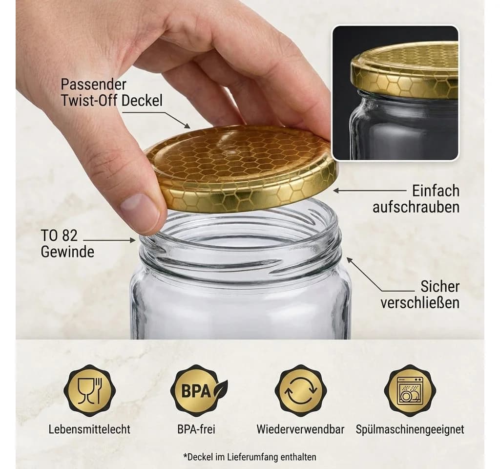 gouveo Vorratsglas 24-tlg. 405 ml mit Schraubdeckel & Bienenwabe-Motiv - Bild 4