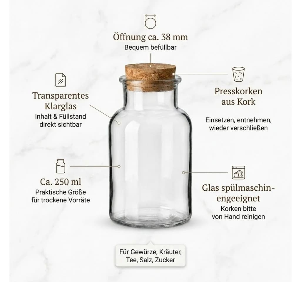 Gouveo Gewürzgläser rund mit Korken - Leere Korkengläser 30 - 500 ml, (24-tlg., 125 ml) - Bild 3