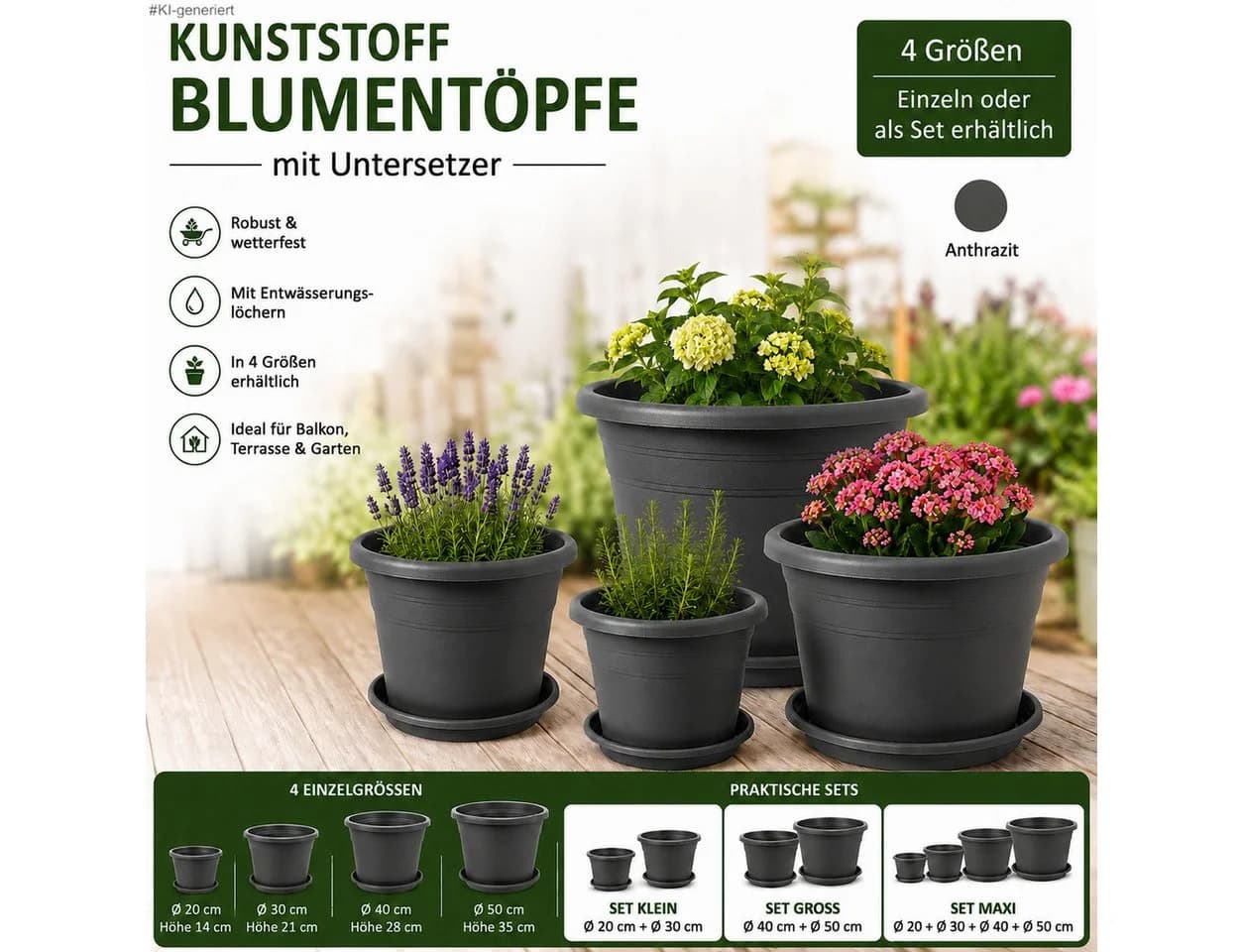steinwohn Blumentopf mit Untersetzer Kunststoff Rund Anthrazit - Bild 2