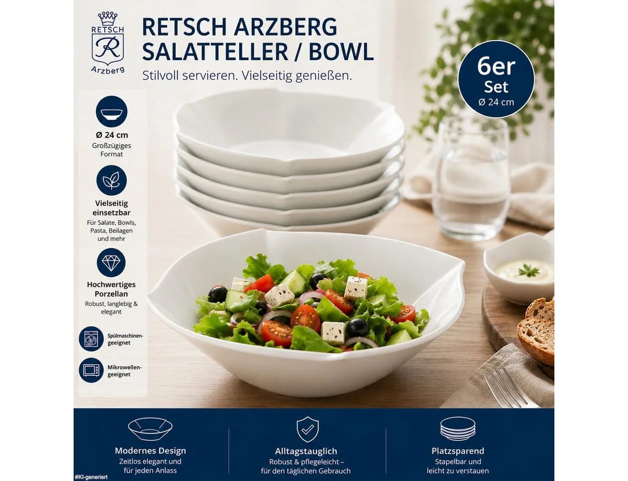 Retsch Arzberg Salatteller & Bowl-Teller Porzellan Weiß Ø 24 cm 6er Set - Bild 2