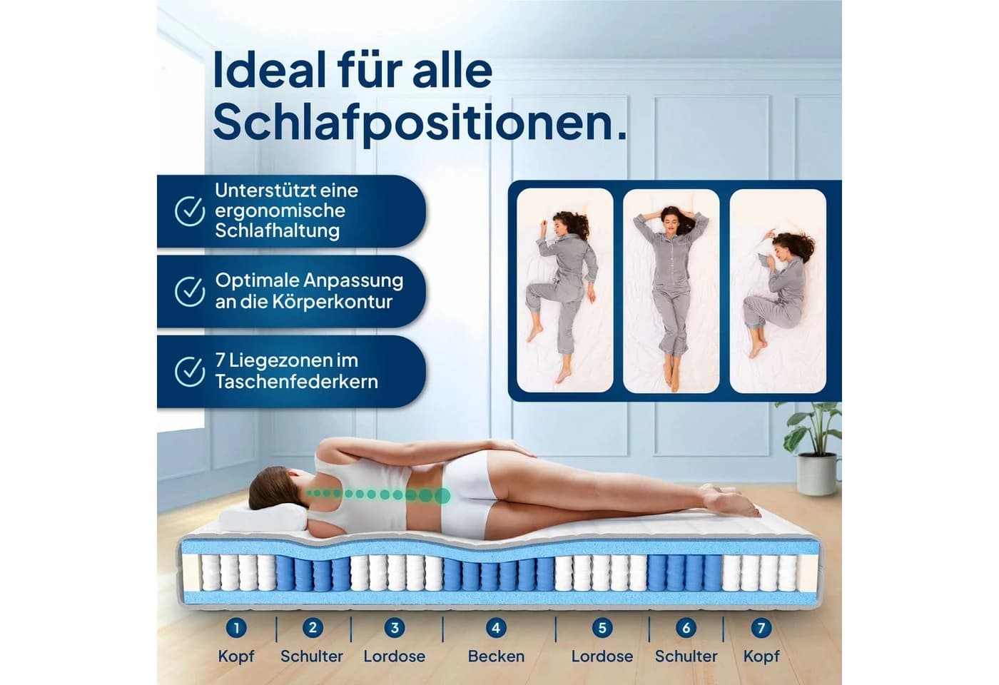 AM Qualitätsmatratzen Premium 7-Zonen Taschenfederkernmatratze H3