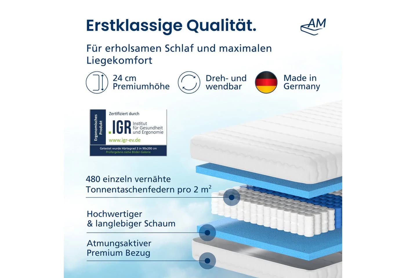 AM Qualitätsmatratzen Premium 7-Zonen Taschenfederkernmatratze H3 - Bild 3