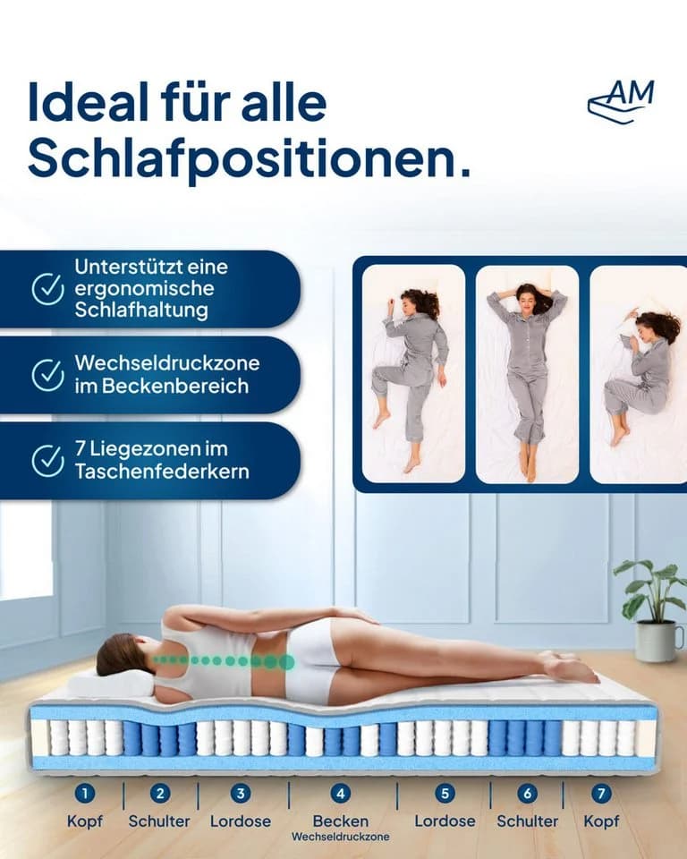 AM Qualitätsmatratzen 7-Zonen Tonnentaschenfederkernmatratze Made in Germany