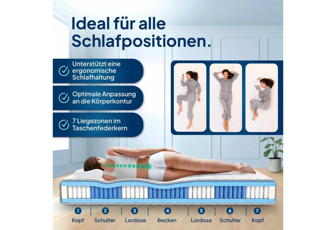 AM Qualitätsmatratzen Taschenfederkernmatratze 1000 Federn 7-Zonen TENCEL