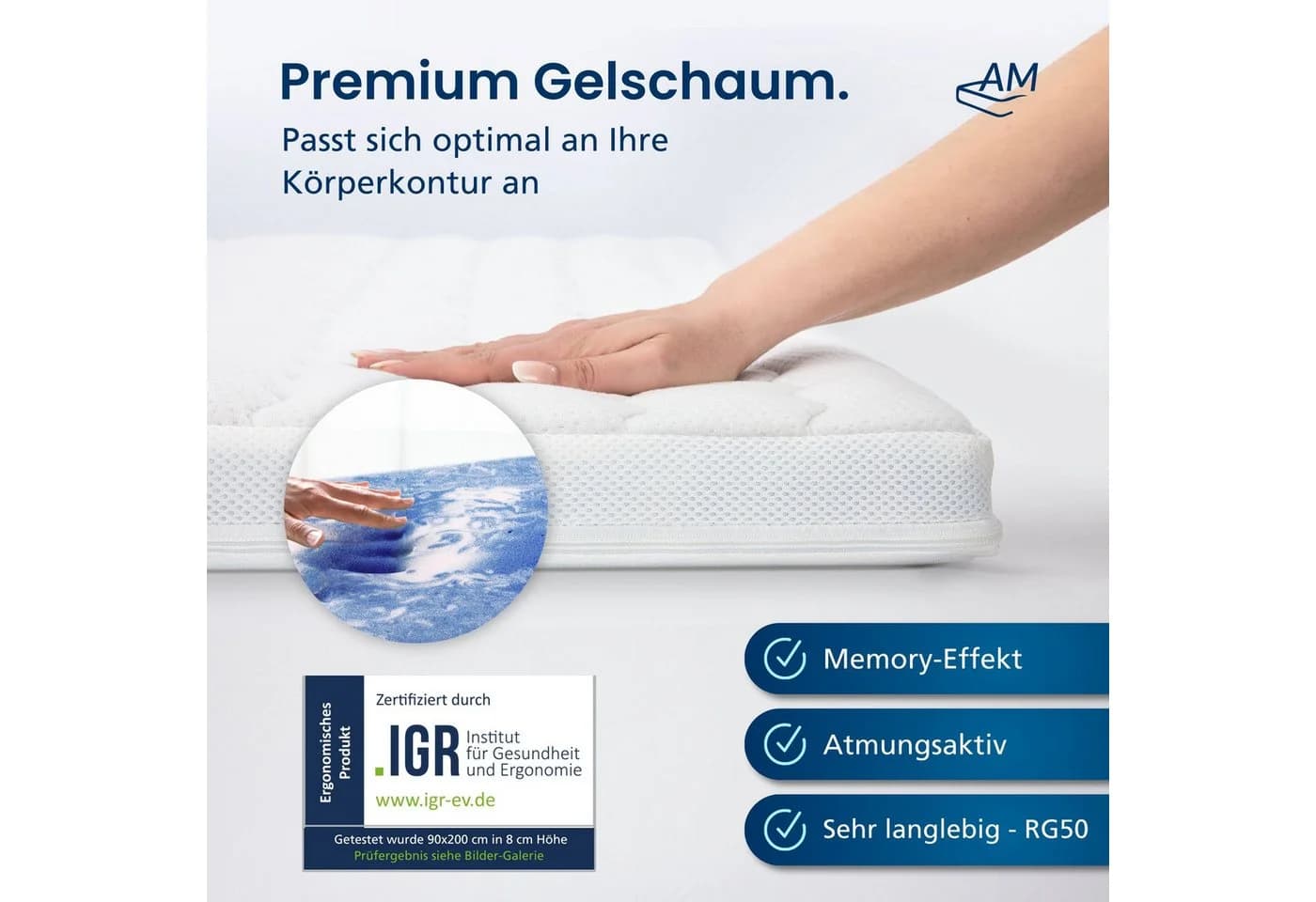 AM Qualitätsmatratzen 7-Zonen Gelschaum Topper Memory Foam Weiss - Bild 3
