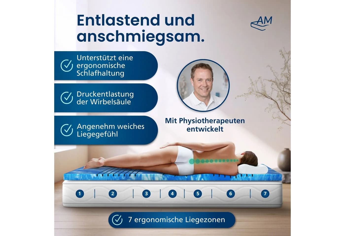 AM Qualitätsmatratzen 7-Zonen Gelschaum Topper Memory Foam Weiss - Bild 4