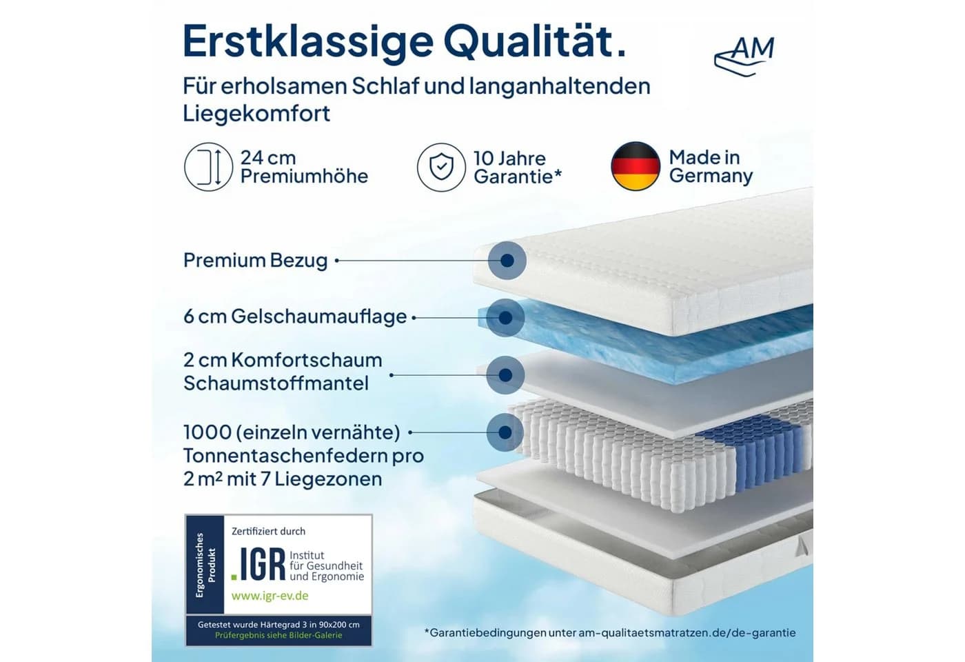 AM Qualitätsmatratzen Taschenfederkernmatratze 7-Zonen Memory Foam Gelschaum - Bild 3
