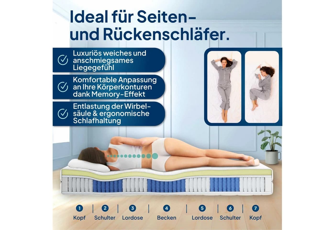 AM Qualitätsmatratzen Visco-Taschenfederkernmatratze 7-Zonen Memory Foam 24 cm