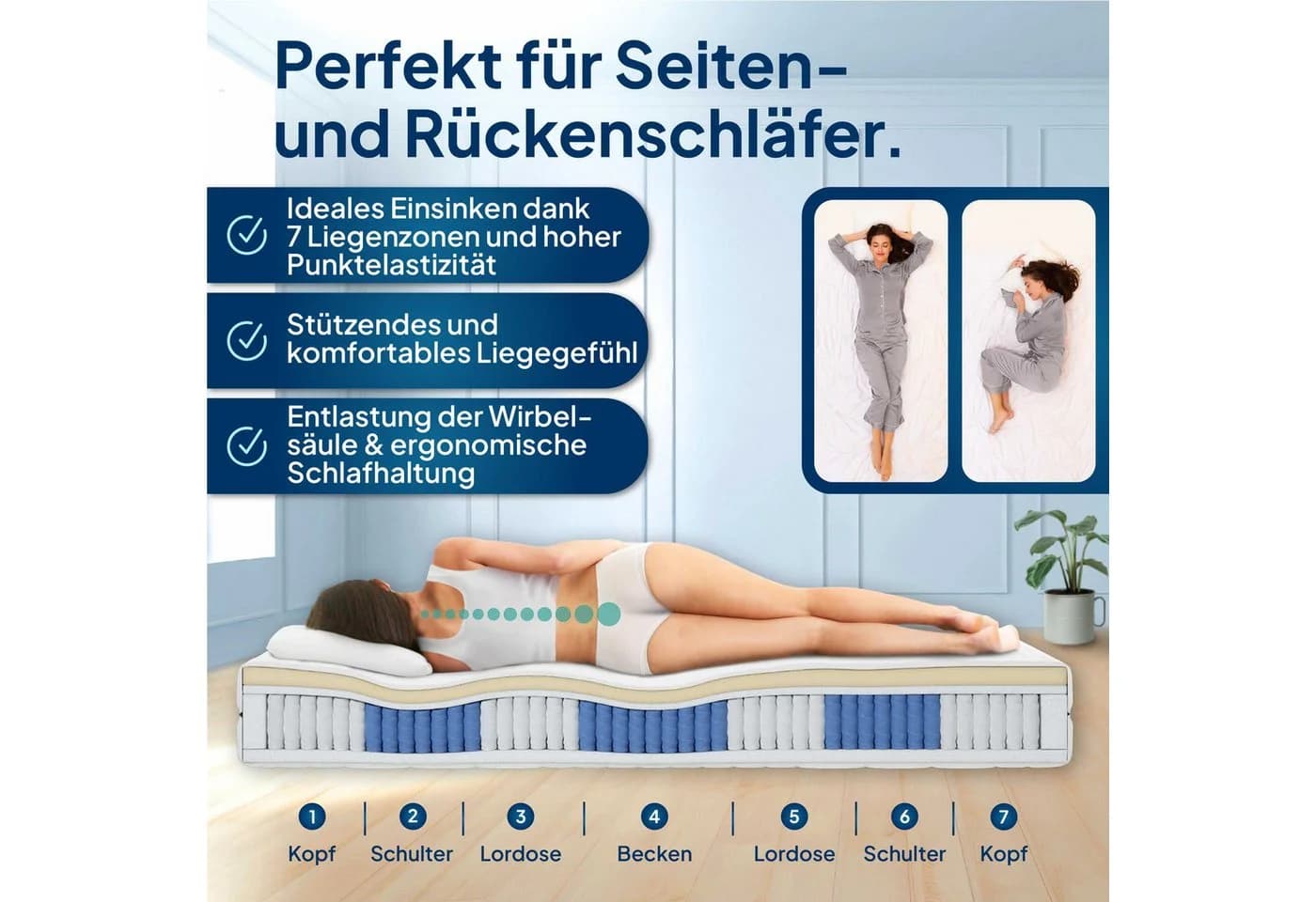 Taschenfederkernmatratze 1000 Federn 7-Zonen Federkernmatratze Latex AM Qualitätsmatratzen