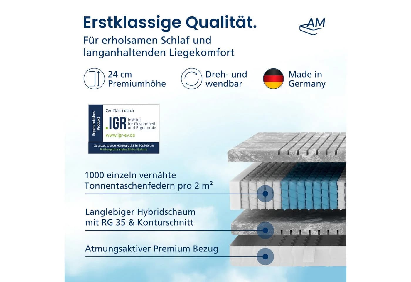 AM Qualitätsmatratzen Taschenfederkernmatratze Deluxe 7-Zonen 3D Kaltschaum - Bild 3