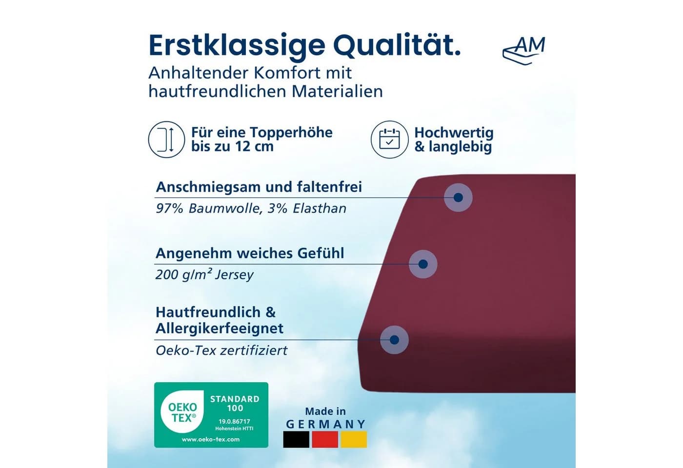 AM Qualitätsmatratzen Spannbettlaken Baumwolle Bordeaux Jersey - Bild 3