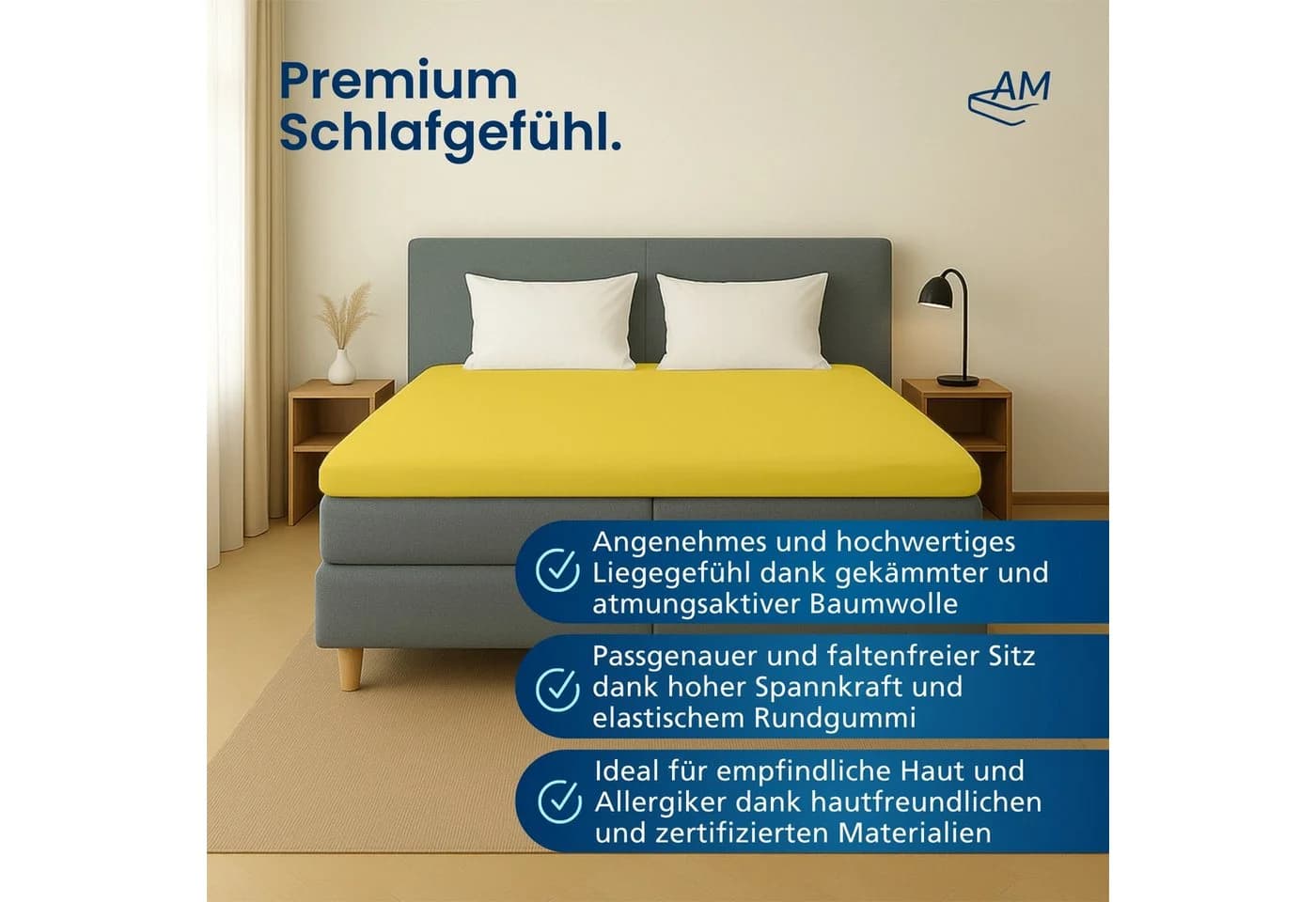 AM Qualitätsmatratzen Spannbettlaken Gelb Baumwolle Jersey