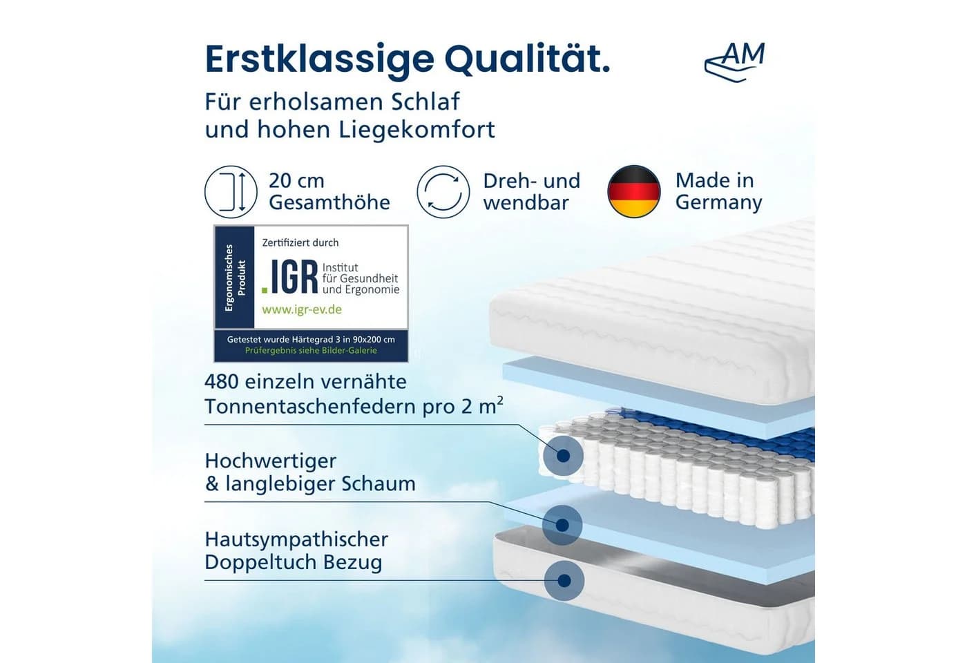 AM Qualitätsmatratze 7-Zonen Taschenfederkern Ergonomisch Made in Germany - Bild 3