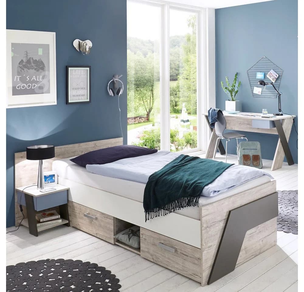Lomadox Jugendbett LEEDS-10 Sandeiche/Weiß mit Stauraum - Bild 5