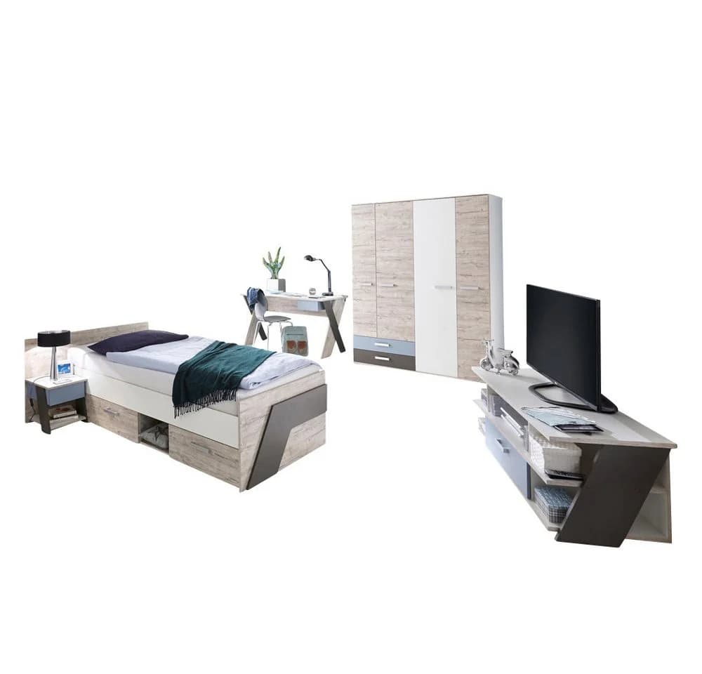 Lomadox Jugendzimmer-Set LEEDS-10, 5-tlg. Sandeiche Nb. mit weiß Lava und Denim Blau - Bild 2