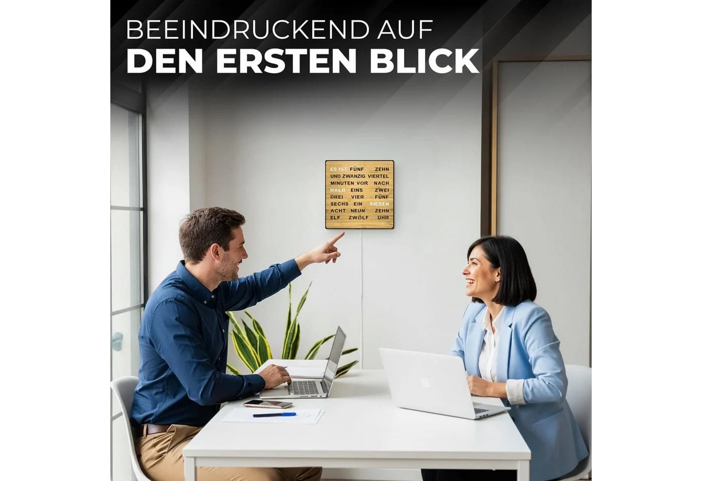Bada Bing LED Wortuhr Tischuhr Wanduhr Bambus Holzfront - Bild 3