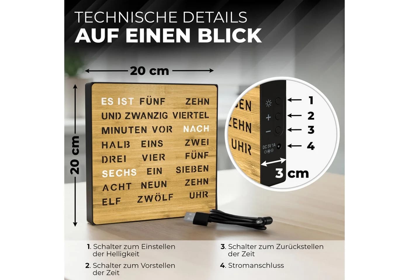 Bada Bing LED Wortuhr Tischuhr Wanduhr Bambus Holzfront - Bild 4