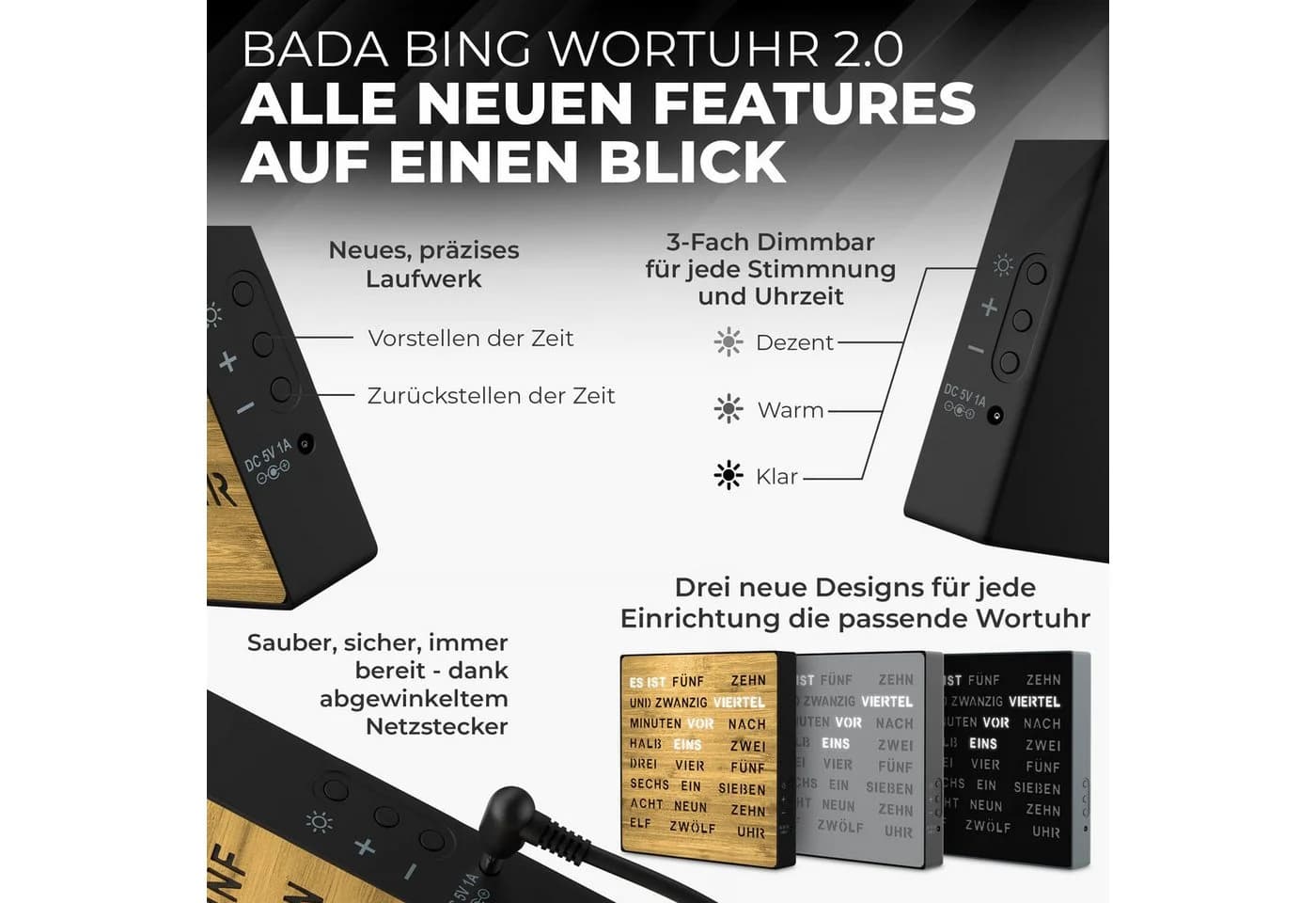 Bada Bing LED Wortuhr Tischuhr Wanduhr Bambus Holzfront - Bild 5