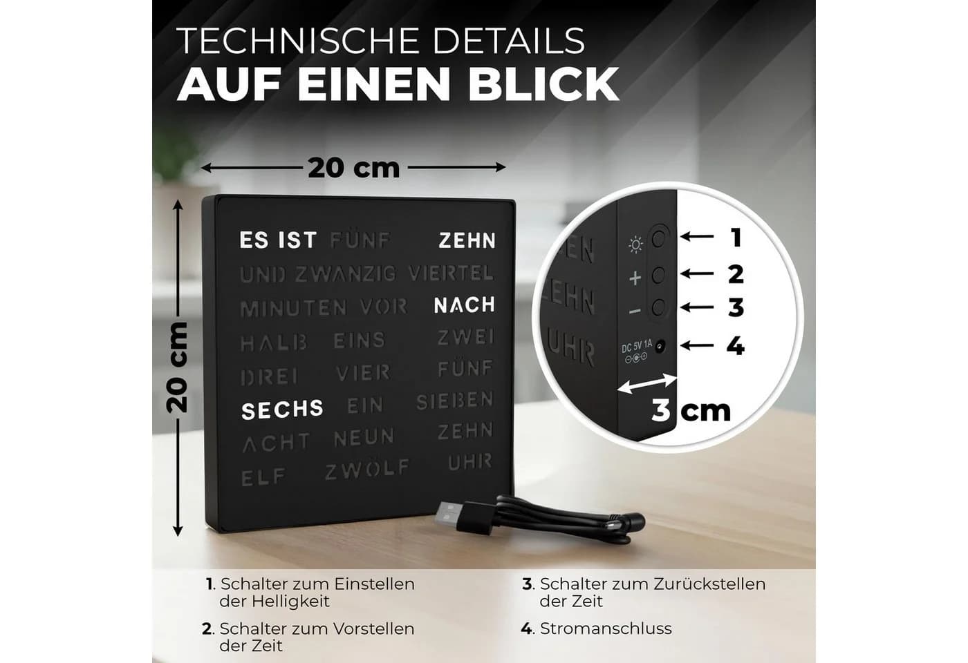Bada Bing LED Wortuhr Tischuhr Wanduhr USB Kabel Schwarz - Bild 3