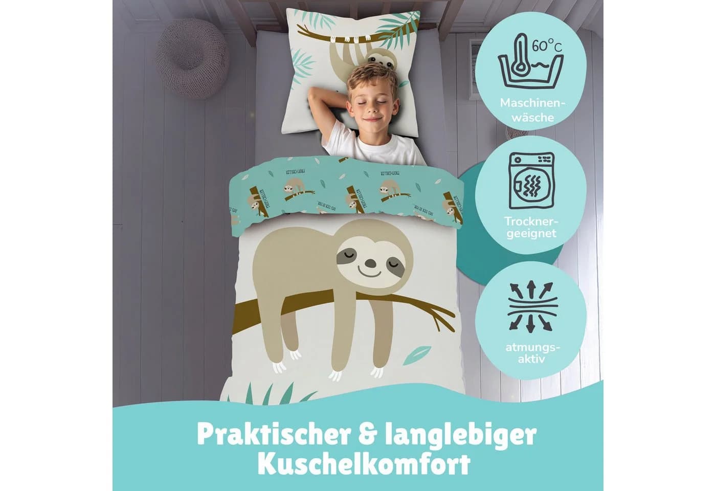 Familando Jugendbettwäsche Faultier Grau-Grün Renforcé 100% Baumwolle - Bild 3
