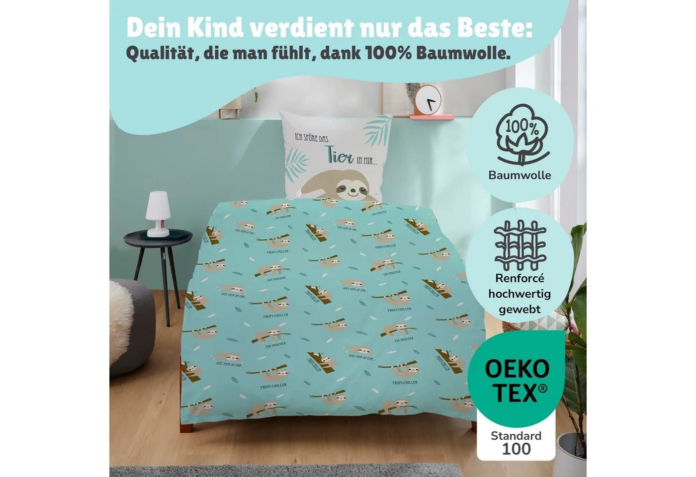 Familando Jugendbettwäsche Faultier Grau-Grün Renforcé 100% Baumwolle - Bild 5