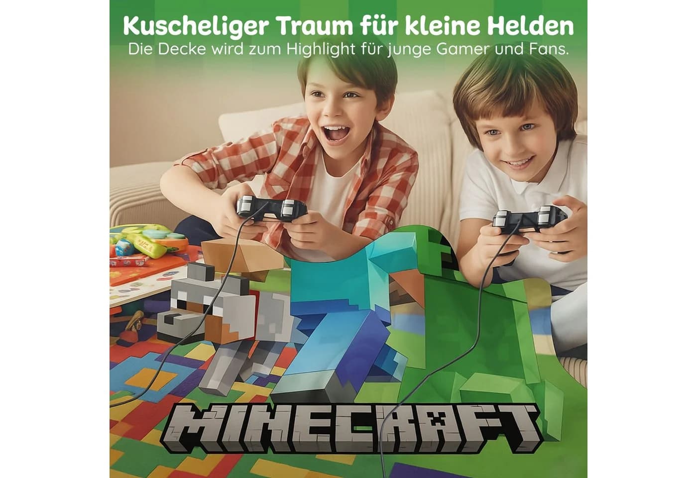 Familando Kinderdecke Minecraft XL 160x200 cm Fleece Bunt