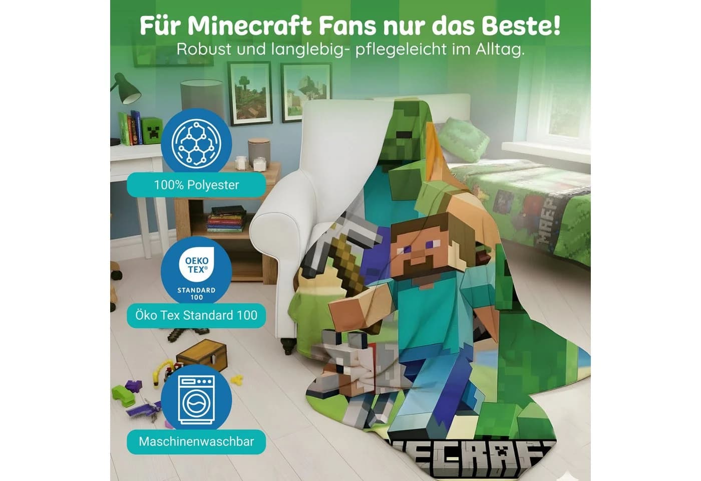 Familando Kinderdecke Minecraft XL 160x200 cm Fleece Bunt - Bild 5