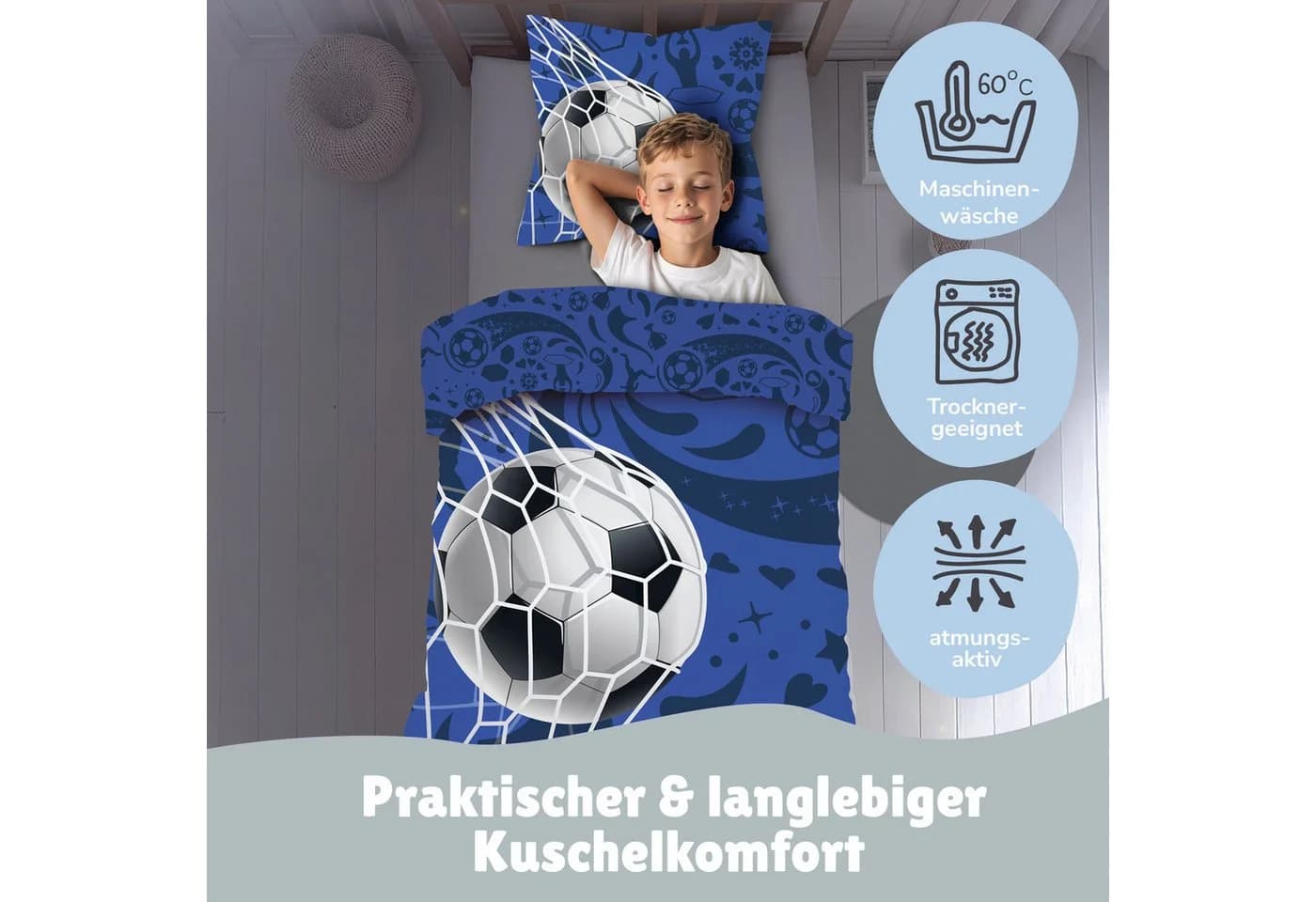 Familando Kinderbettwäsche Fußball Blau Wendemotiv 100% Baumwolle - Bild 3