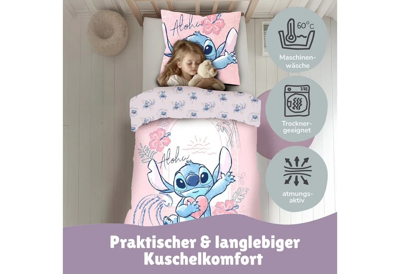 Familando Kinderbettwäsche Lilo & Stitch "Aloha" Rosa 100% Baumwolle - Bild 3