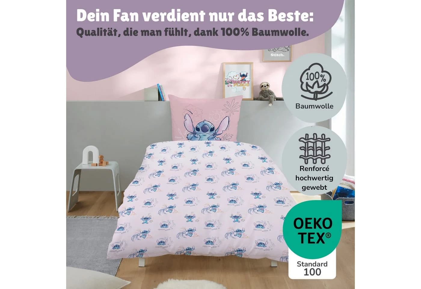 Familando Kinderbettwäsche Lilo & Stitch "Aloha" Rosa 100% Baumwolle - Bild 5
