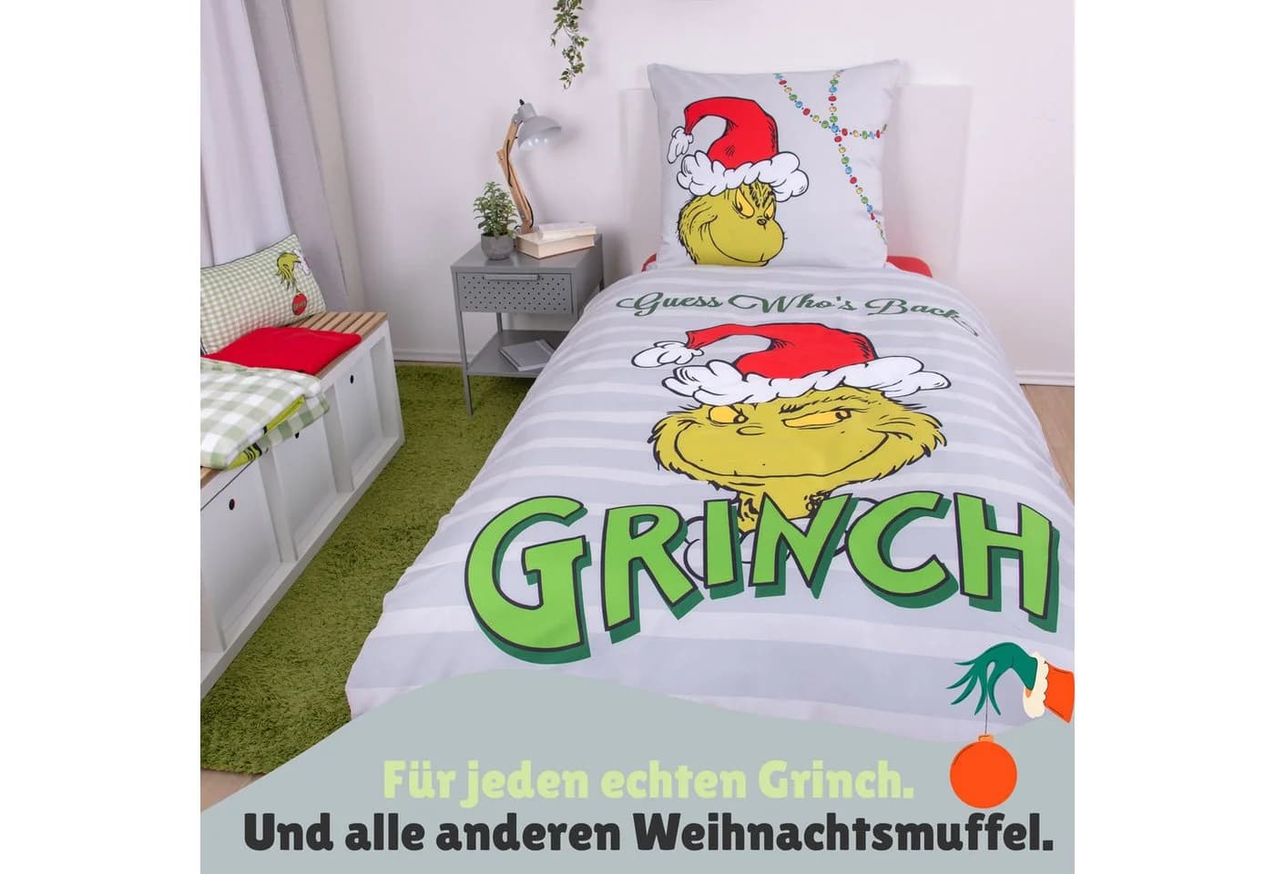 Familando Wendebettwäsche Grinch für Weihnachten 135x200 cm mit Reißverschluss, Mikrofaser